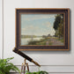 Impressionist river scene with red boats by Claude Monet in an ornate bronzed mahogany wood frame displayed in a light-toned interior setting.