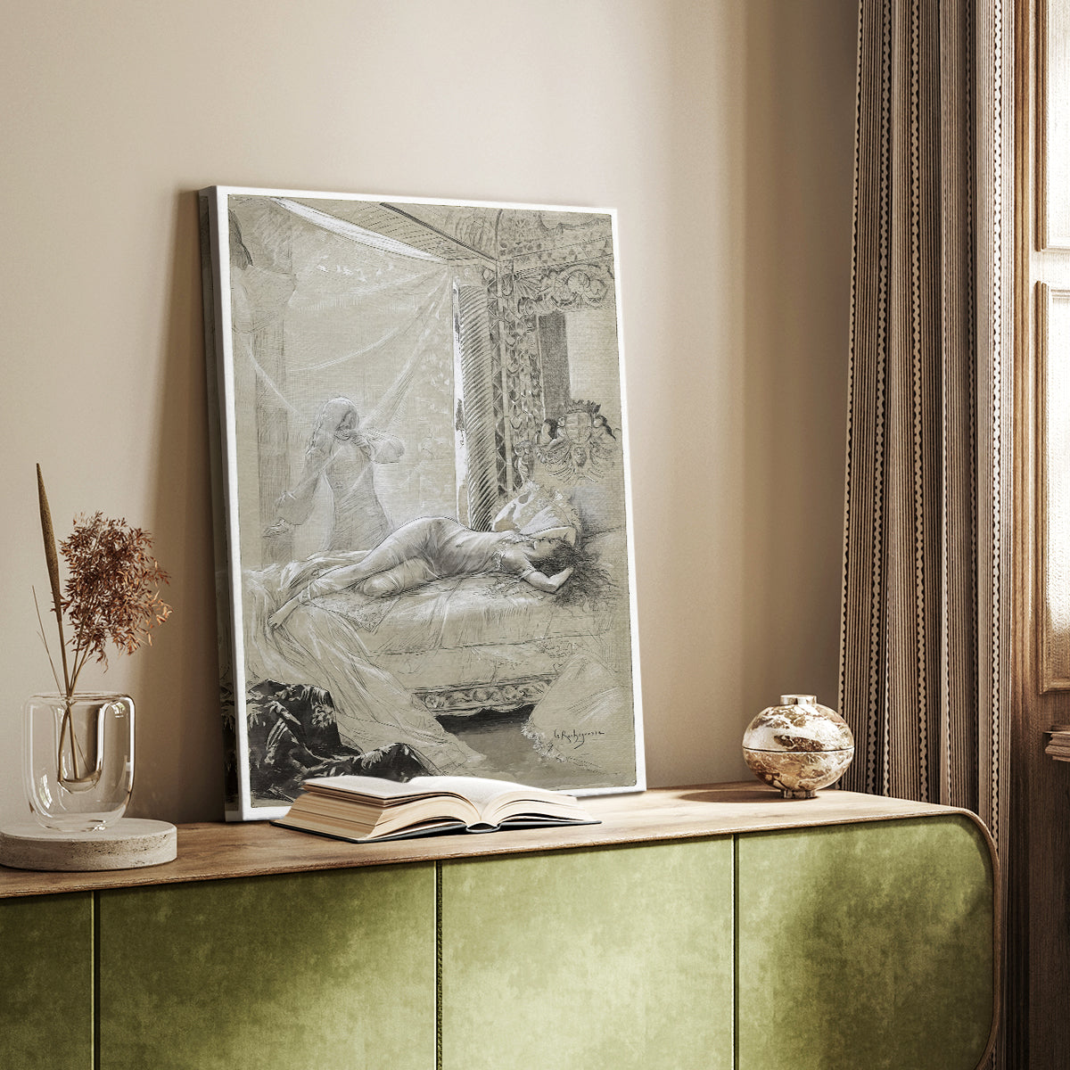 Canvas art print of a figure resting in a softly lit decorative interior styled in a home decor setting.