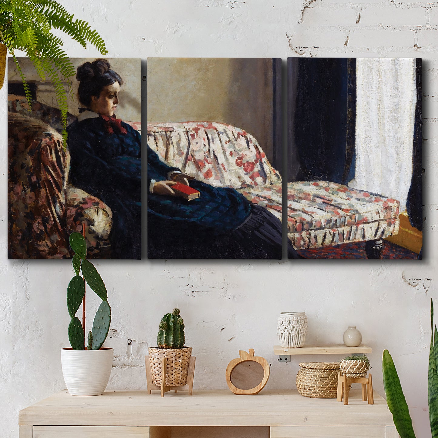 Three-panel canvas wall art featuring woman resting on sofa indoors, displayed in a boho-chic entryway above a console table.