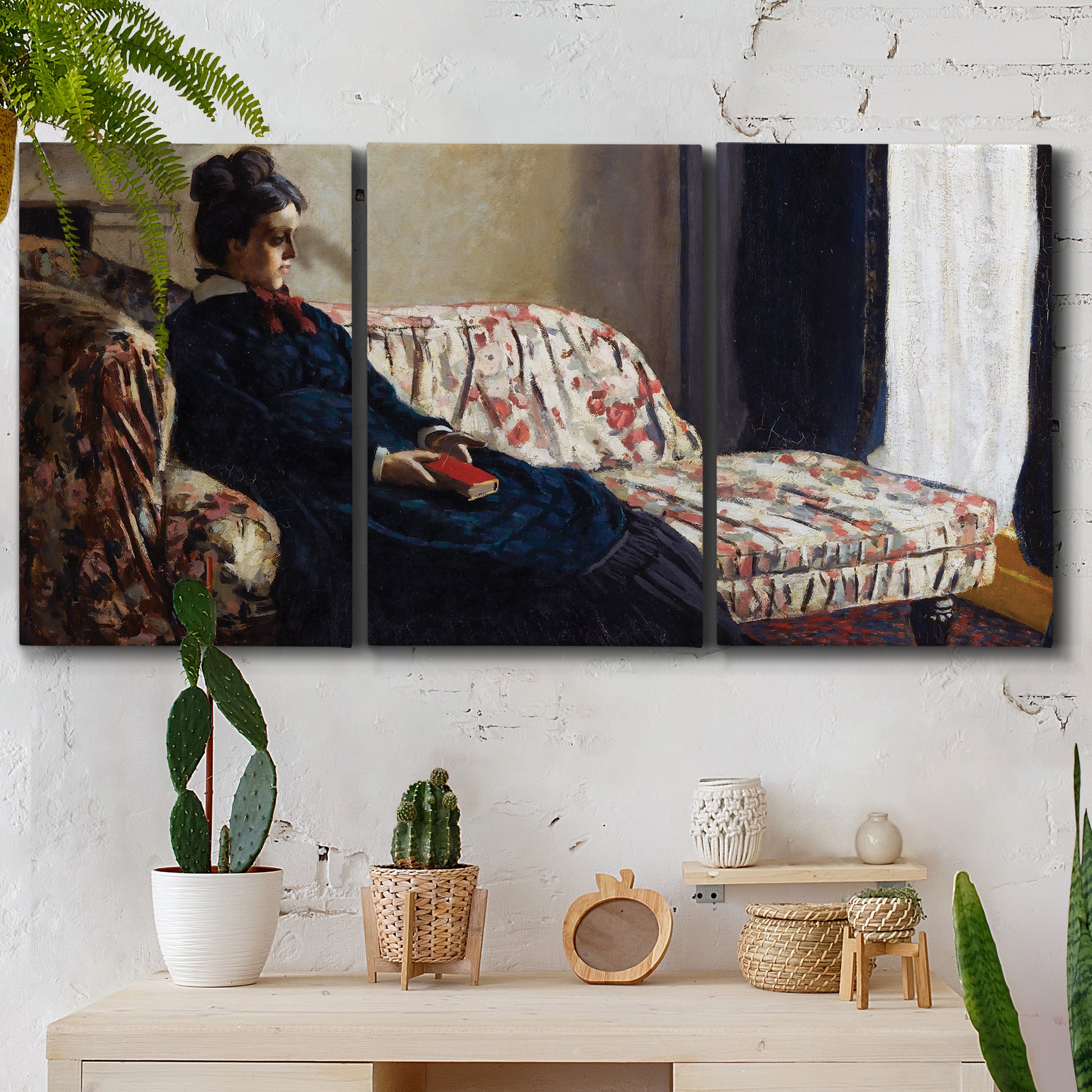 Three-panel canvas wall art featuring woman resting on sofa indoors, displayed in a boho-chic entryway above a console table.