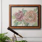 Modern peony floral drawing in an ornate vintage burl wood frame displayed in a light-toned interior setting.