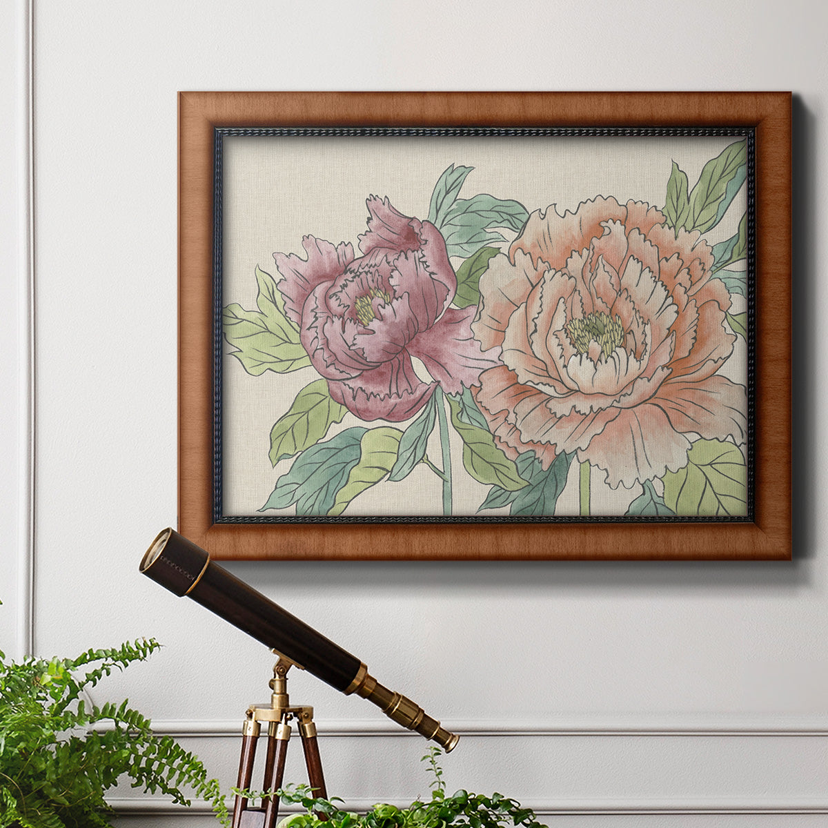Modern peony floral drawing in an ornate vintage burl wood frame displayed in a light-toned interior setting.