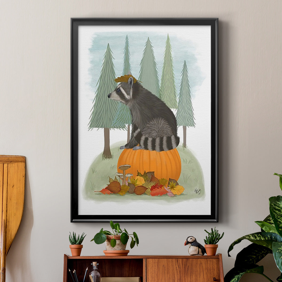 Raccoon On Pumpkin - Modern Framed Canvas Print