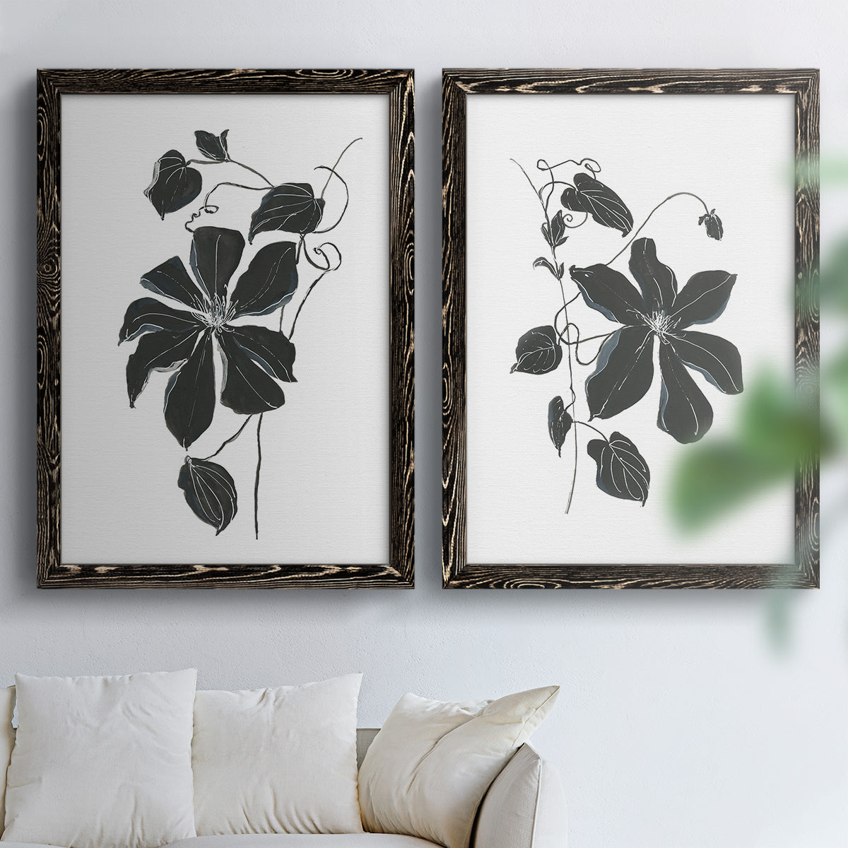 Set of two black barnwood framed canvas prints depicting bold dark leaves, curving stems, and clean white grounds arranged across two complementary compositions above a sofa in a bright living space.