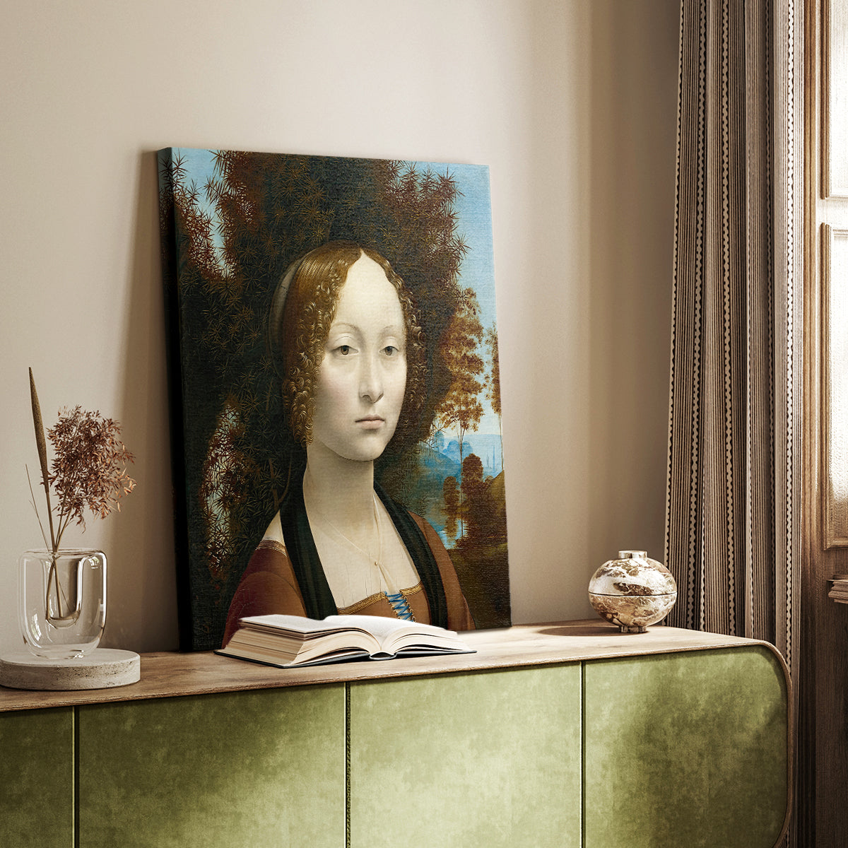 Canvas art print of a refined figure with subtle expression and smooth shading styled in a home decor setting.