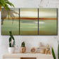 Three-panel canvas wall art featuring green focused abstract color vision, displayed in a boho-chic entryway above a console table.