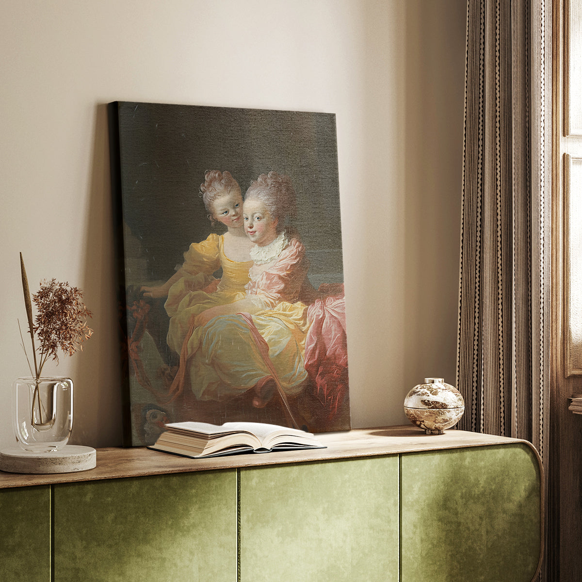 Canvas art print of a refined double portrait with delicate detail styled in a home decor setting.