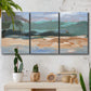 Three-panel canvas wall art featuring abstract landscape composition study, displayed in a boho-chic entryway above a console table.