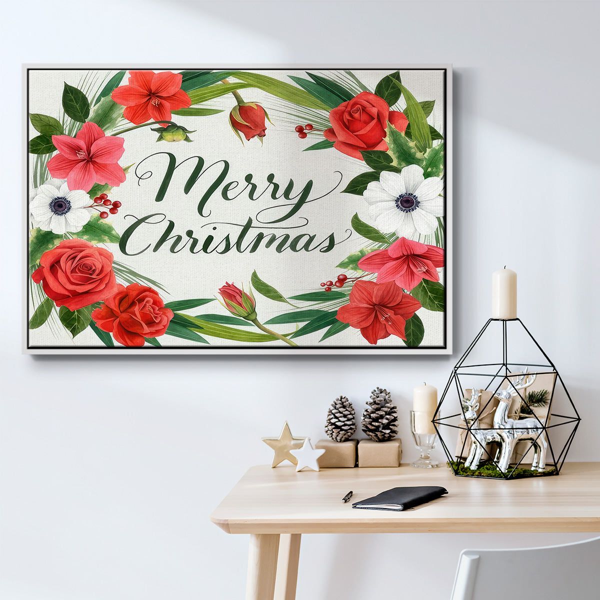 Christmas Flora Wreath Collection A - Framed Gallery Wrapped Canvas in Floating Frame