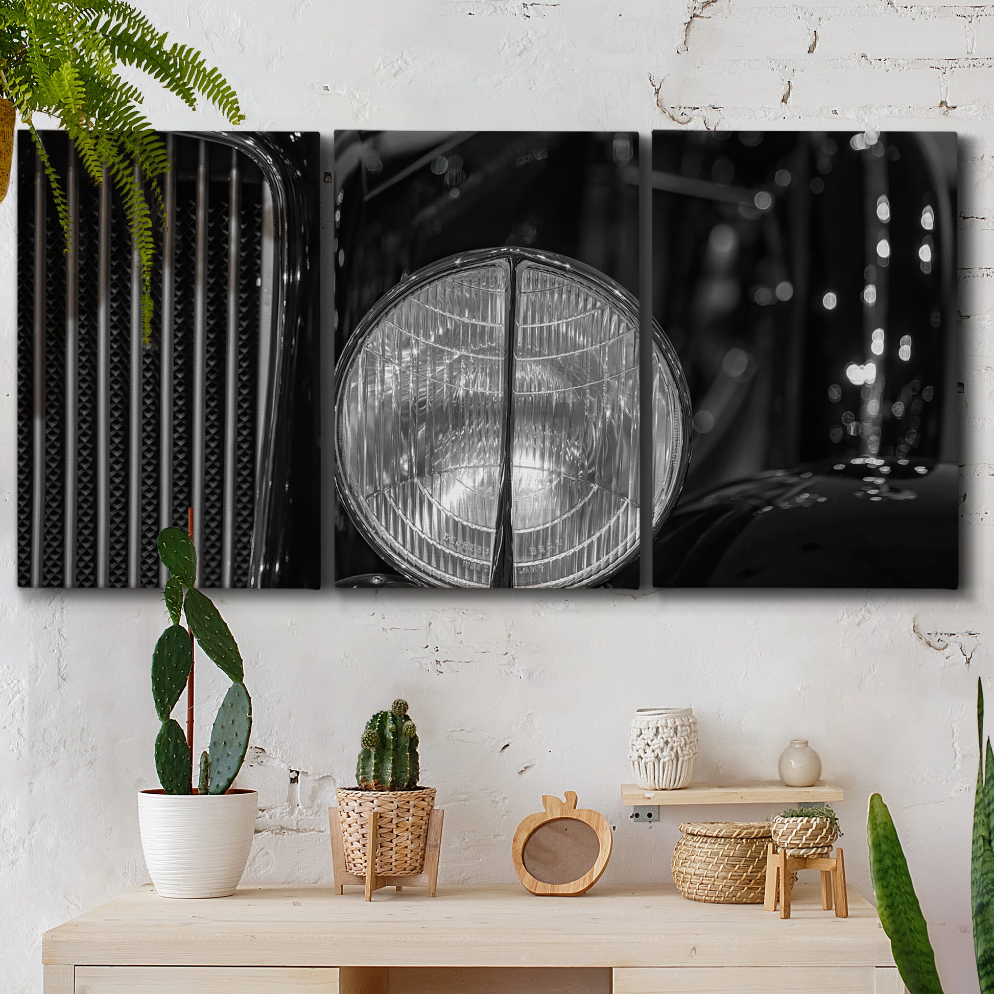 Three-panel canvas wall art featuring vintage car grille detail, displayed in a boho-chic entryway above a console table.