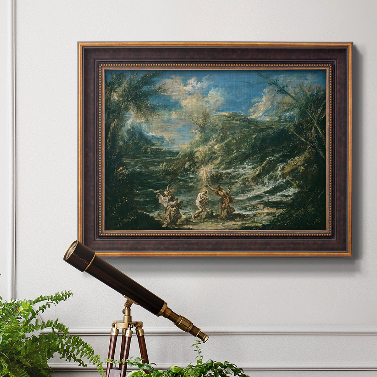 Religious landscape depicting the baptism of Christ by Alessandro Magnasco in an ornate bronzed mahogany wood frame displayed in a light-toned interior setting.