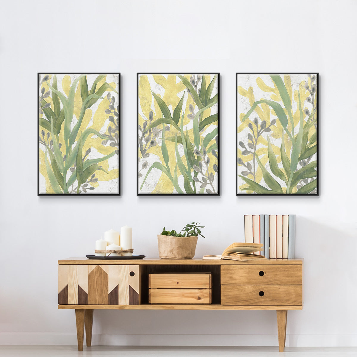 Sea Grass Fresco I - Framed Premium Gallery Wrapped Canvas L Frame 3 Piece Set - Ready to Hang