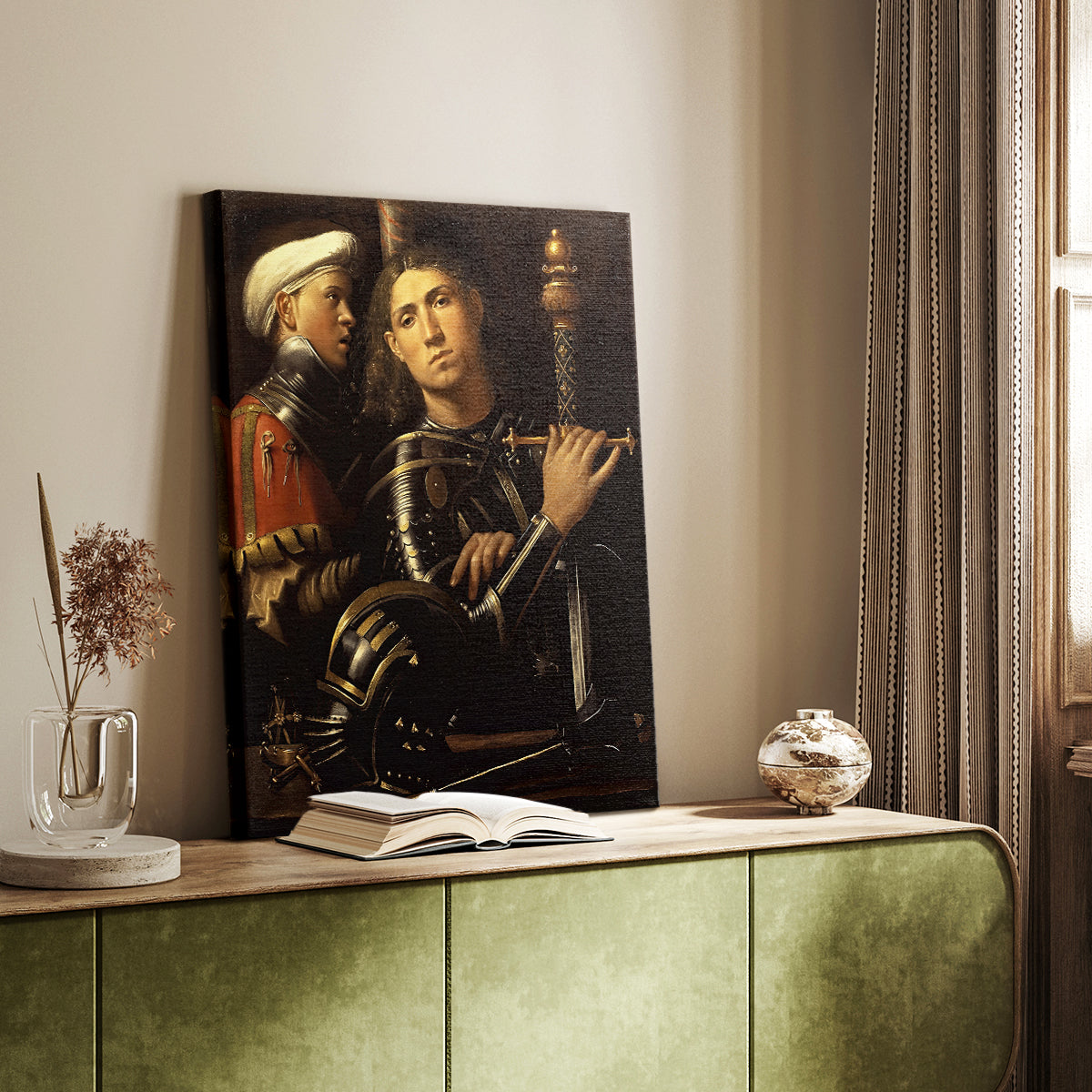 Canvas art print of a historical composition with two figures and strong contrast styled in a home decor setting.