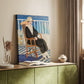 Canvas art print of a stylized figure with sea view and bold color contrast styled in a home decor setting.