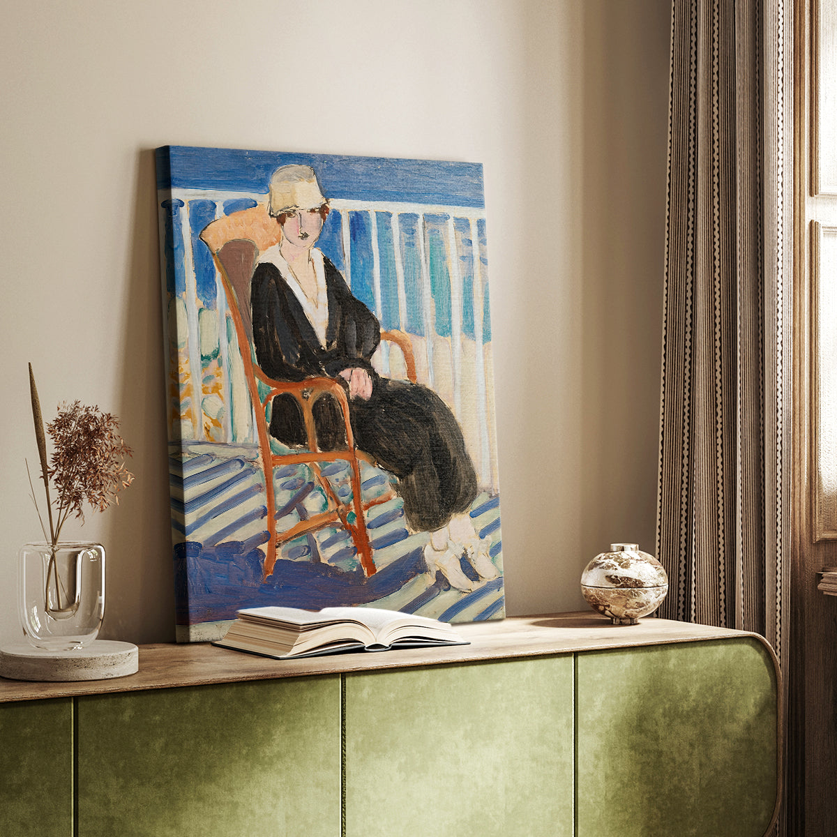 Canvas art print of a stylized figure with sea view and bold color contrast styled in a home decor setting.