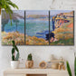 Three-panel canvas wall art featuring coastal village view near dieppe, displayed in a boho-chic entryway above a console table.