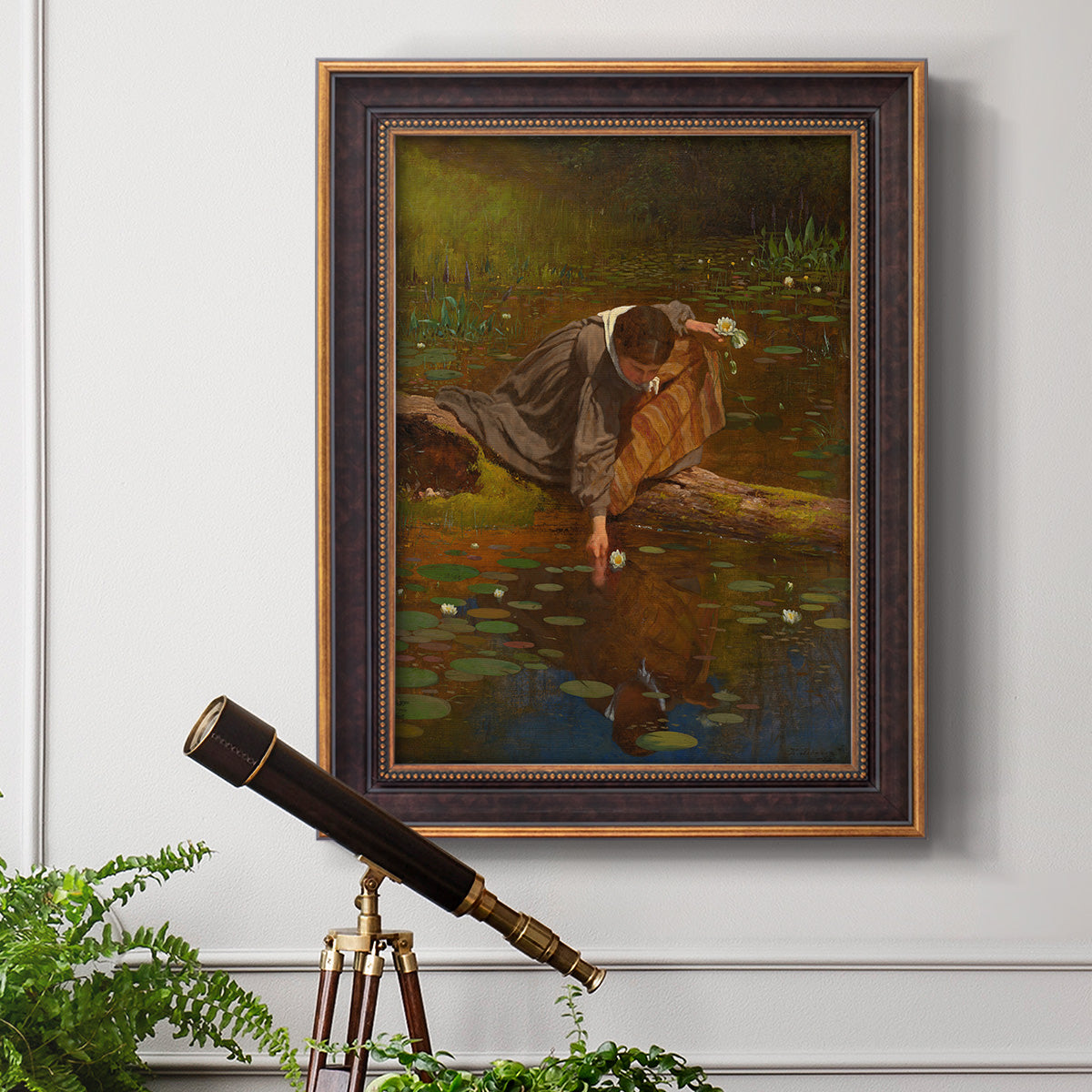 Realist genre painting of figures gathering lilies by Eastman Johnson in an ornate bronzed mahogany wood frame displayed in a light-toned interior setting.