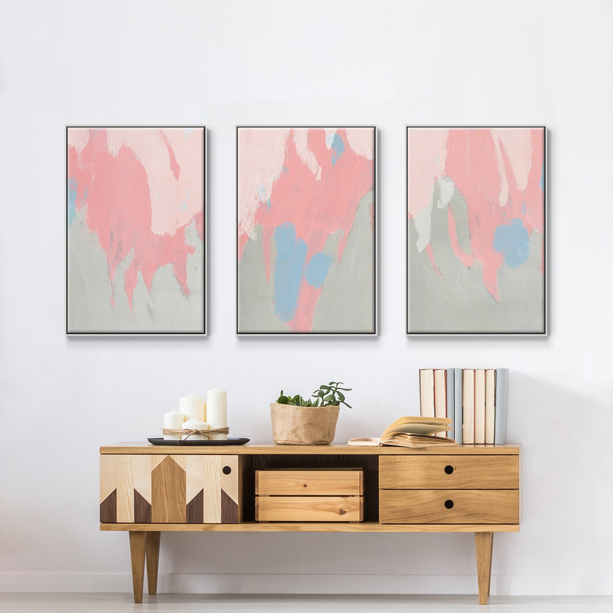 Blushing Abstract I - Framed Premium Gallery Wrapped Canvas L Frame 3 Piece Set - Ready to Hang