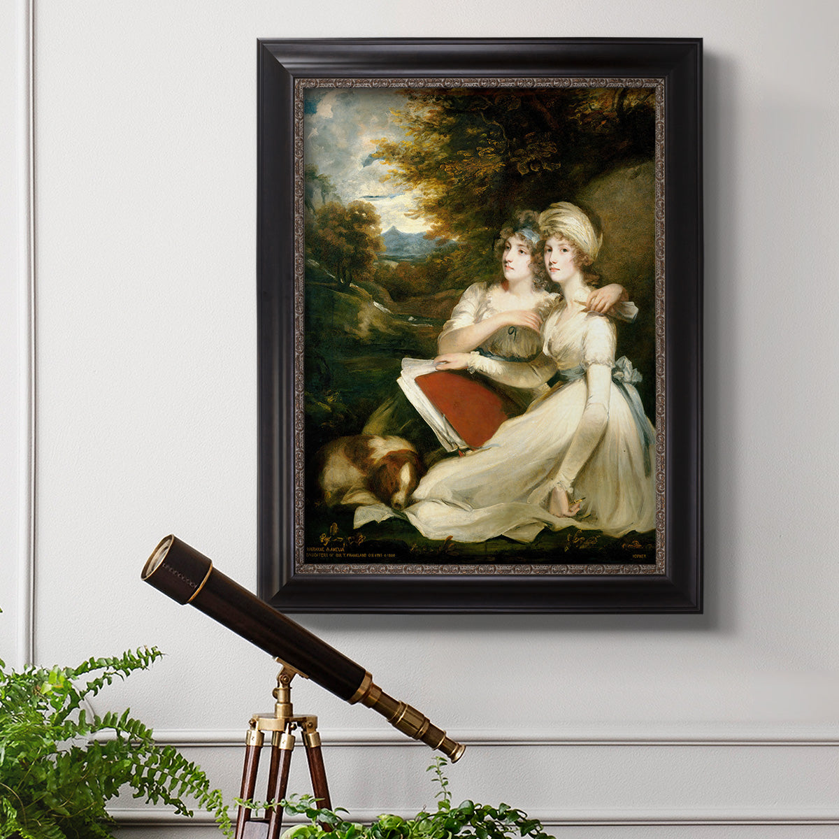 Classical portrait of the Frankland sisters by John Hoppner in an ornate black frame with gilded inner detail displayed in a light-toned interior setting.