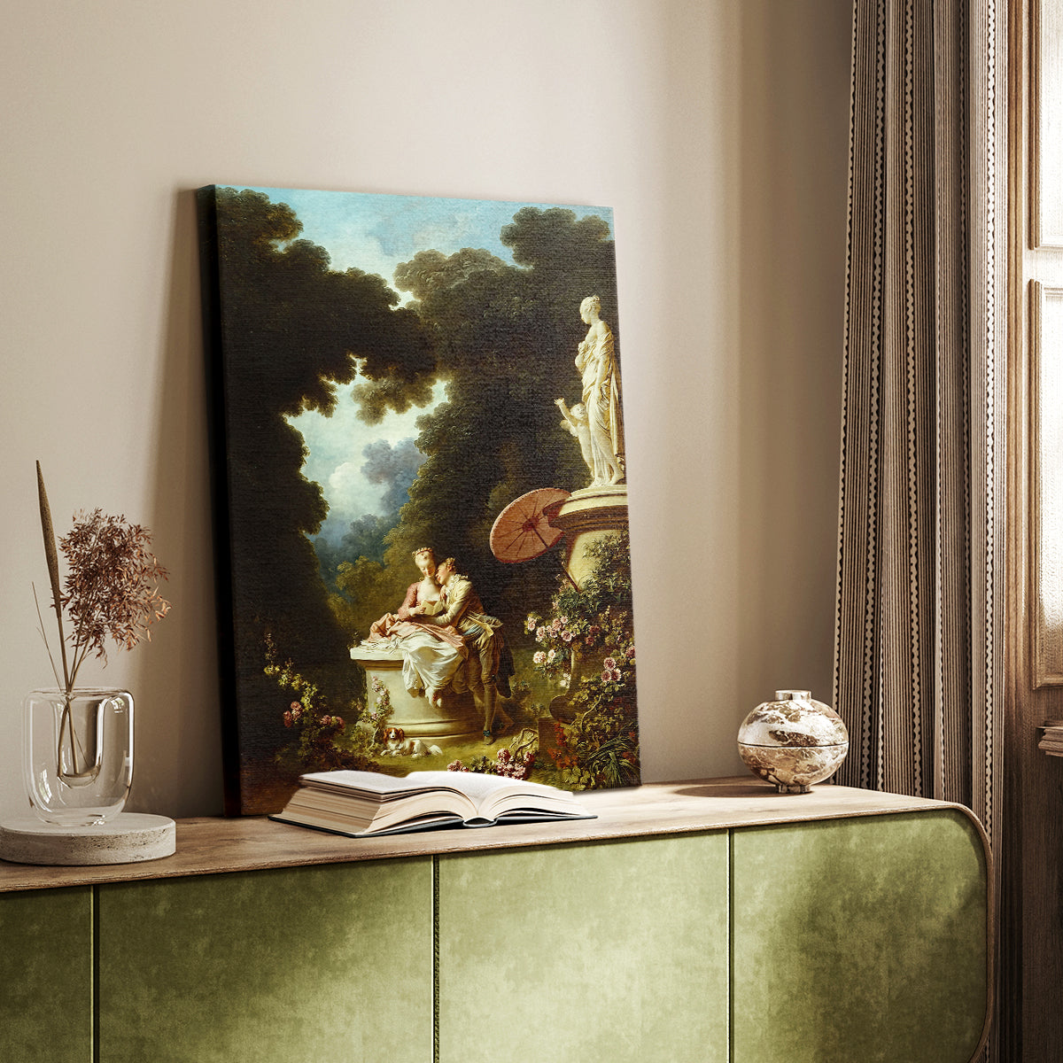 Canvas art print of a Romantic outdoor setting with figures and soft color styled in a home decor setting.