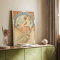 Canvas art print of a stylized figure with artistic symbolism and flowing lines styled in a home decor setting.
