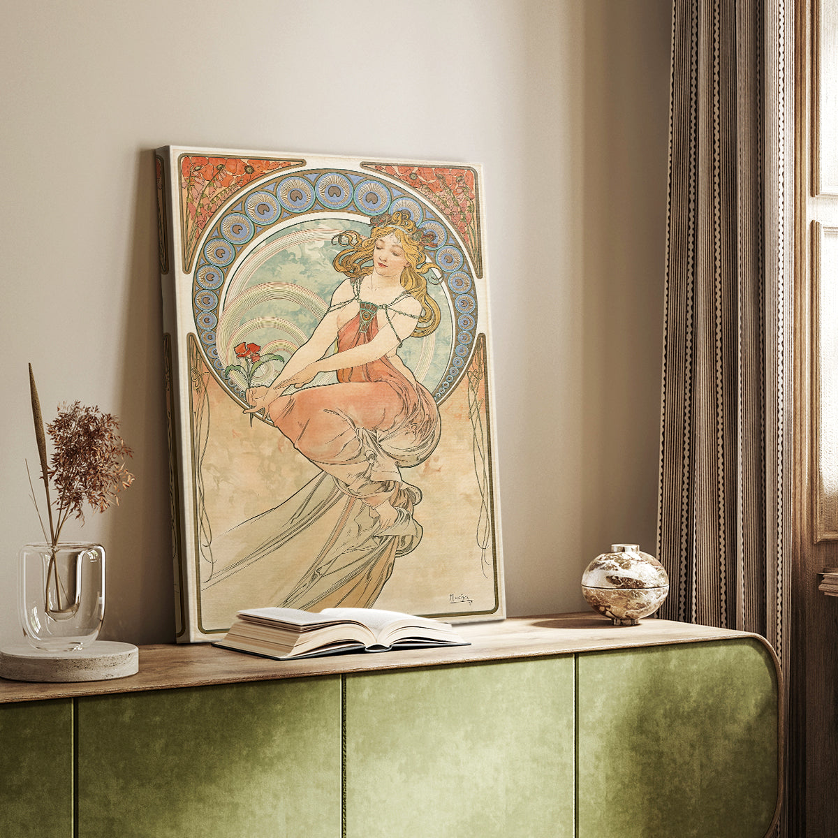 Canvas art print of a stylized figure with artistic symbolism and flowing lines styled in a home decor setting.