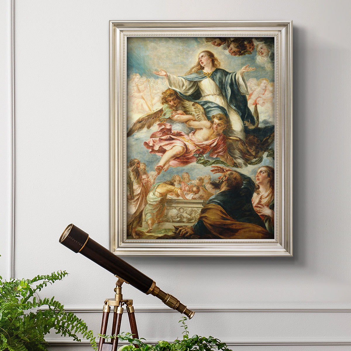 Religious painting of the Assumption of the Virgin Mary by Juan de Valdés Leal in an ornate champagne frame displayed in a light-toned interior setting.