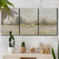 Three-panel canvas wall art featuring late season rural harvest fields, displayed in a boho-chic entryway above a console table.