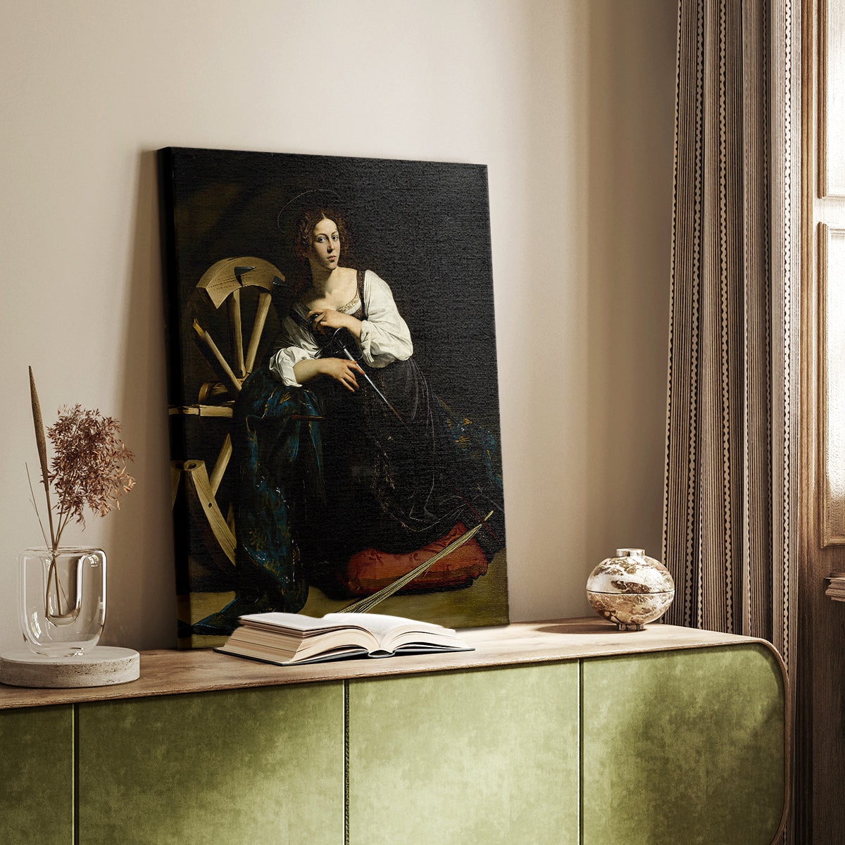 Canvas art print of a religious figure with rich tones and minimal background styled in a home decor setting.