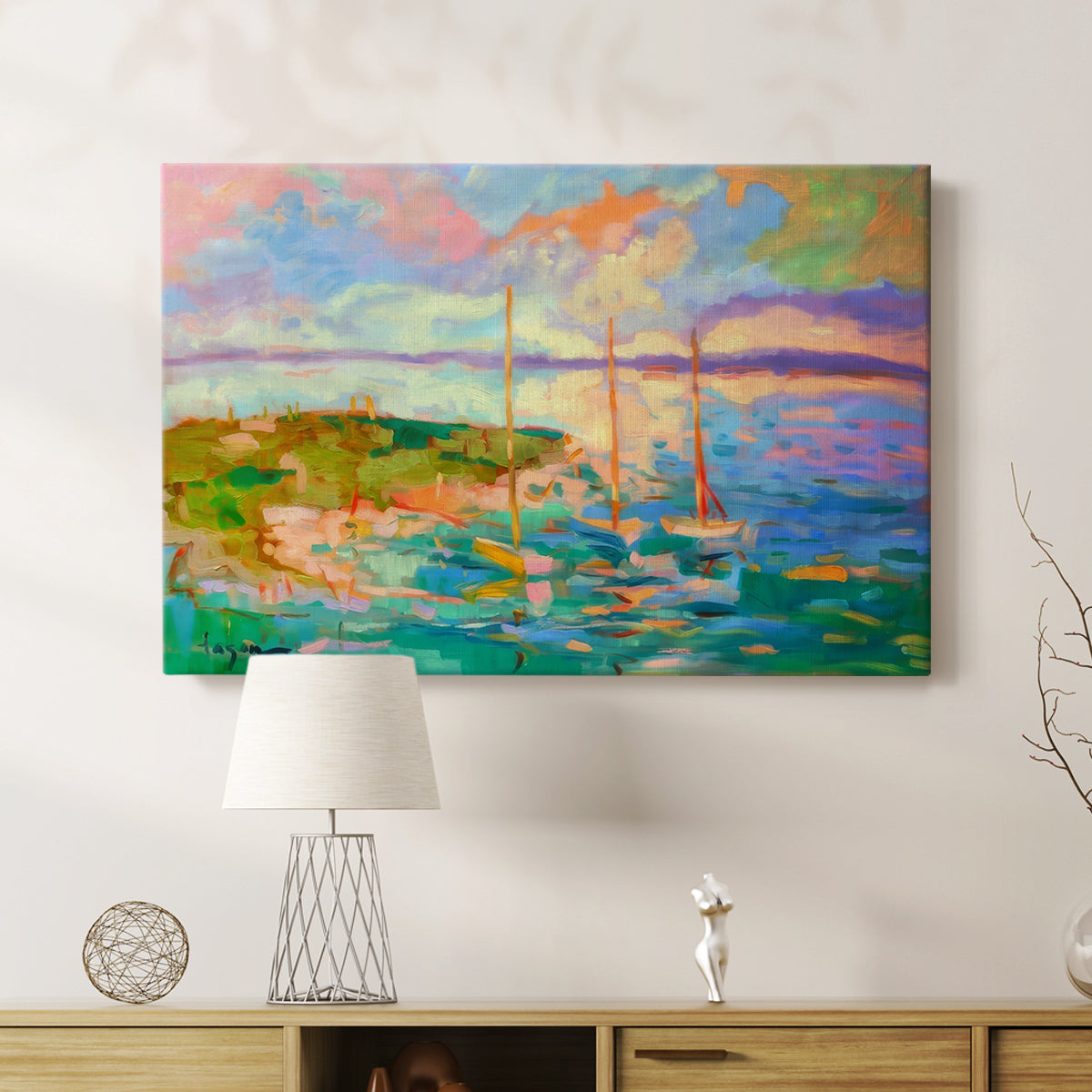 Colorful seascape with boats and vibrant skies over a coastal landscape in late afternoon light