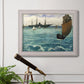 Impressionist naval seascape with the Kearsarge by Édouard Manet in an ornate weathered white frame displayed in a light-toned interior setting.