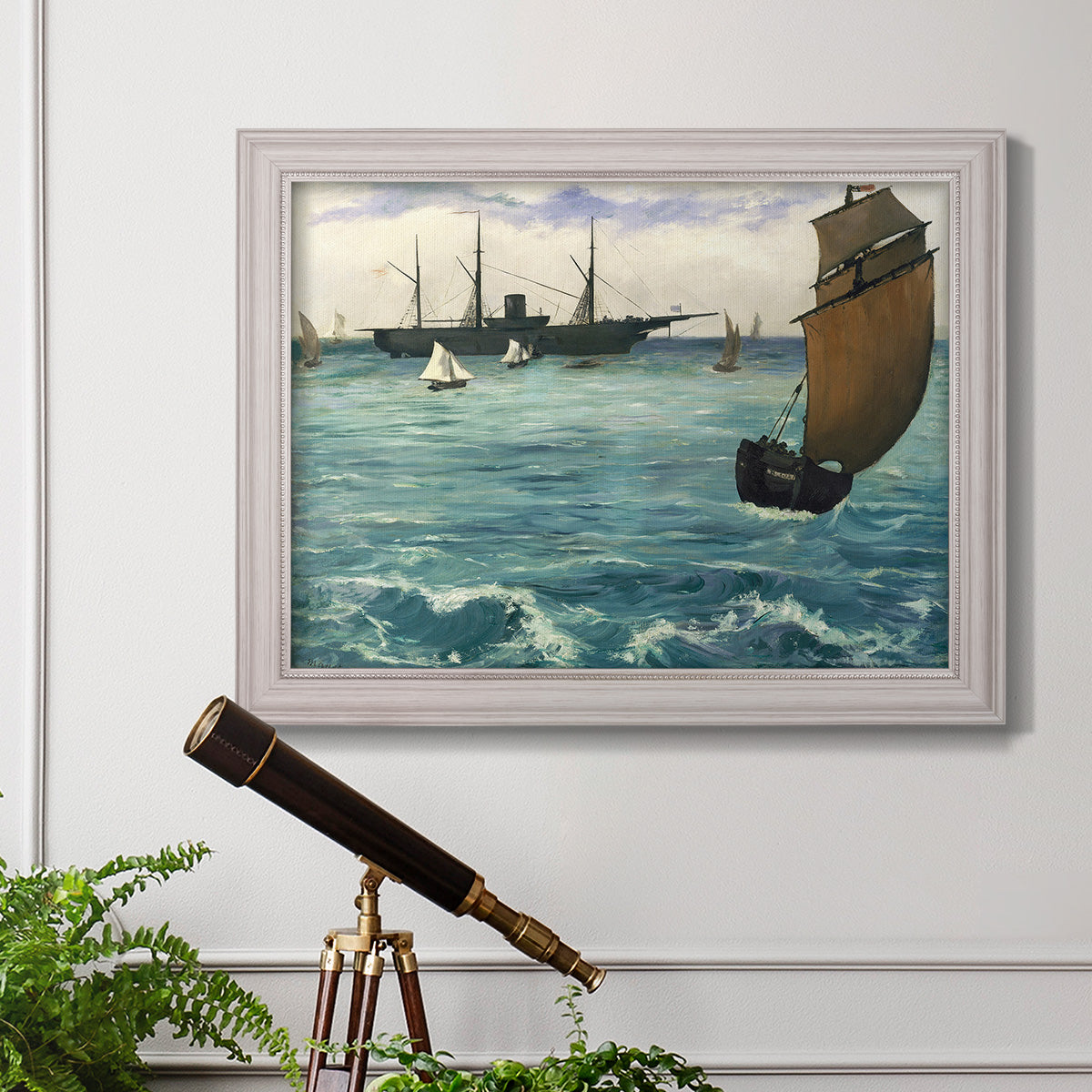 Impressionist naval seascape with the Kearsarge by Édouard Manet in an ornate weathered white frame displayed in a light-toned interior setting.