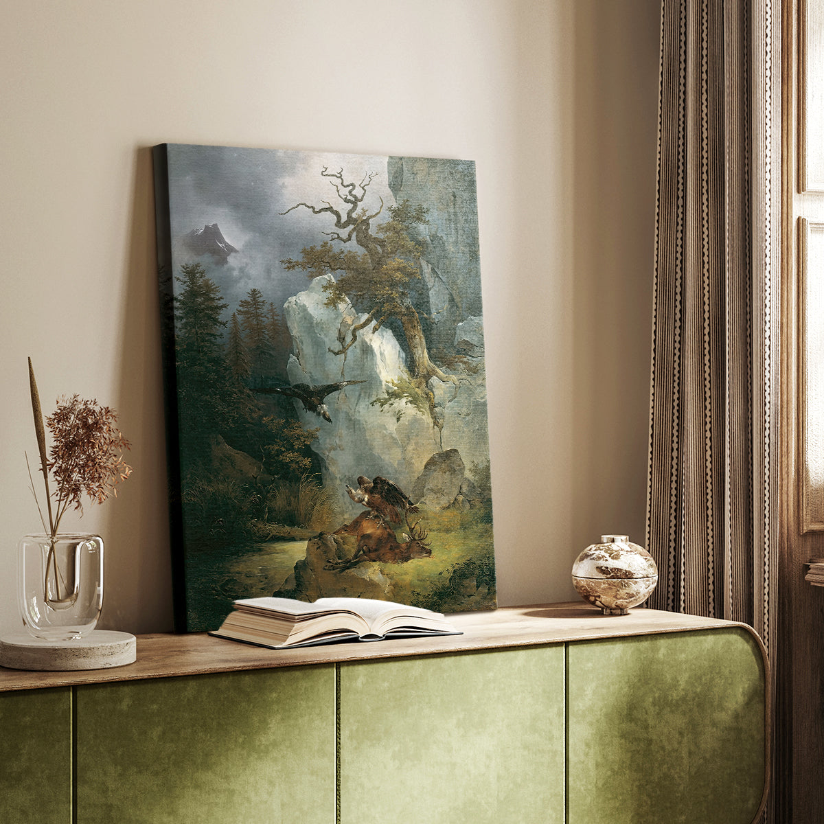 Canvas art print of a natural composition with animal and detailed terrain styled in a home decor setting.