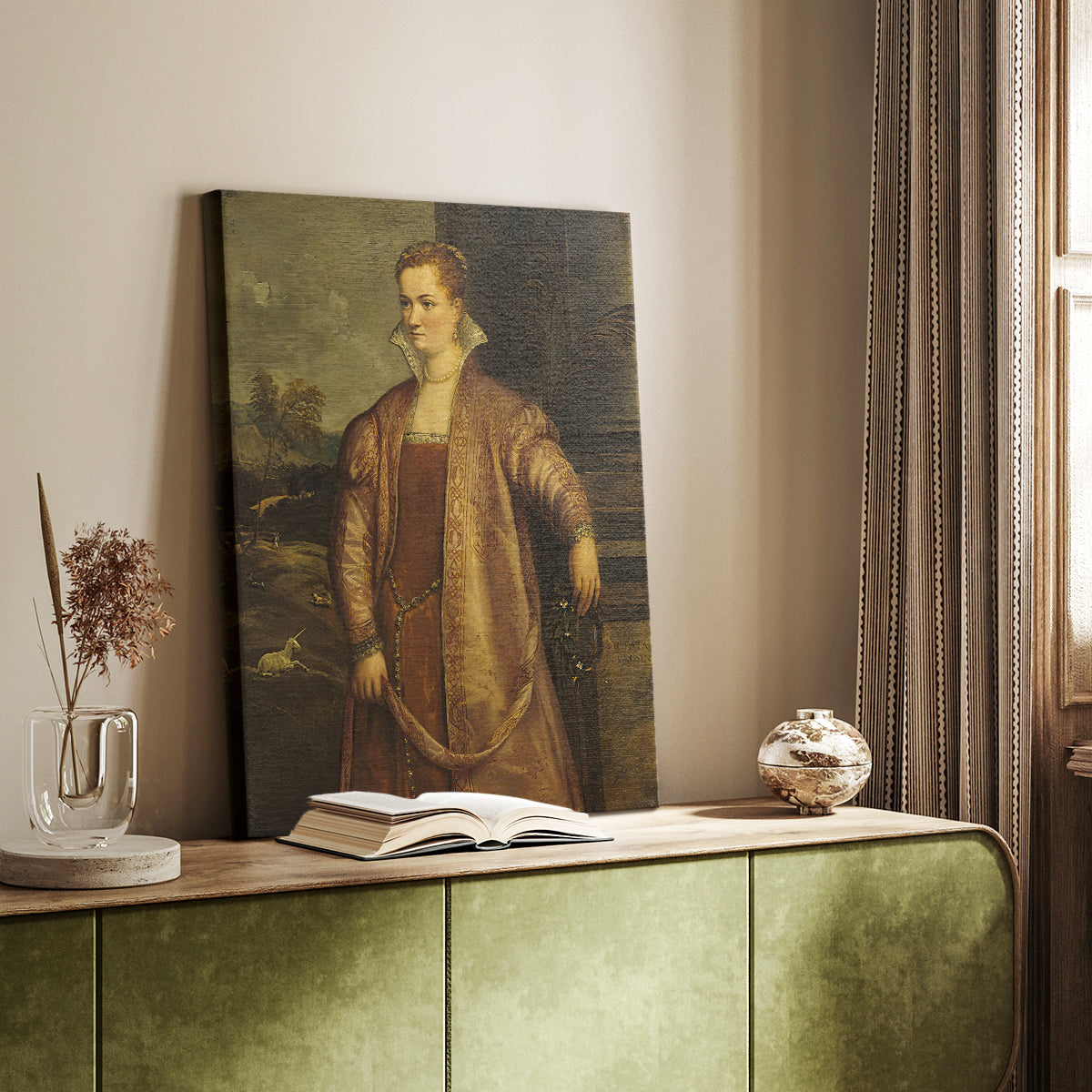 Canvas art print of a refined figure with smooth tones and simple background styled in a home decor setting.