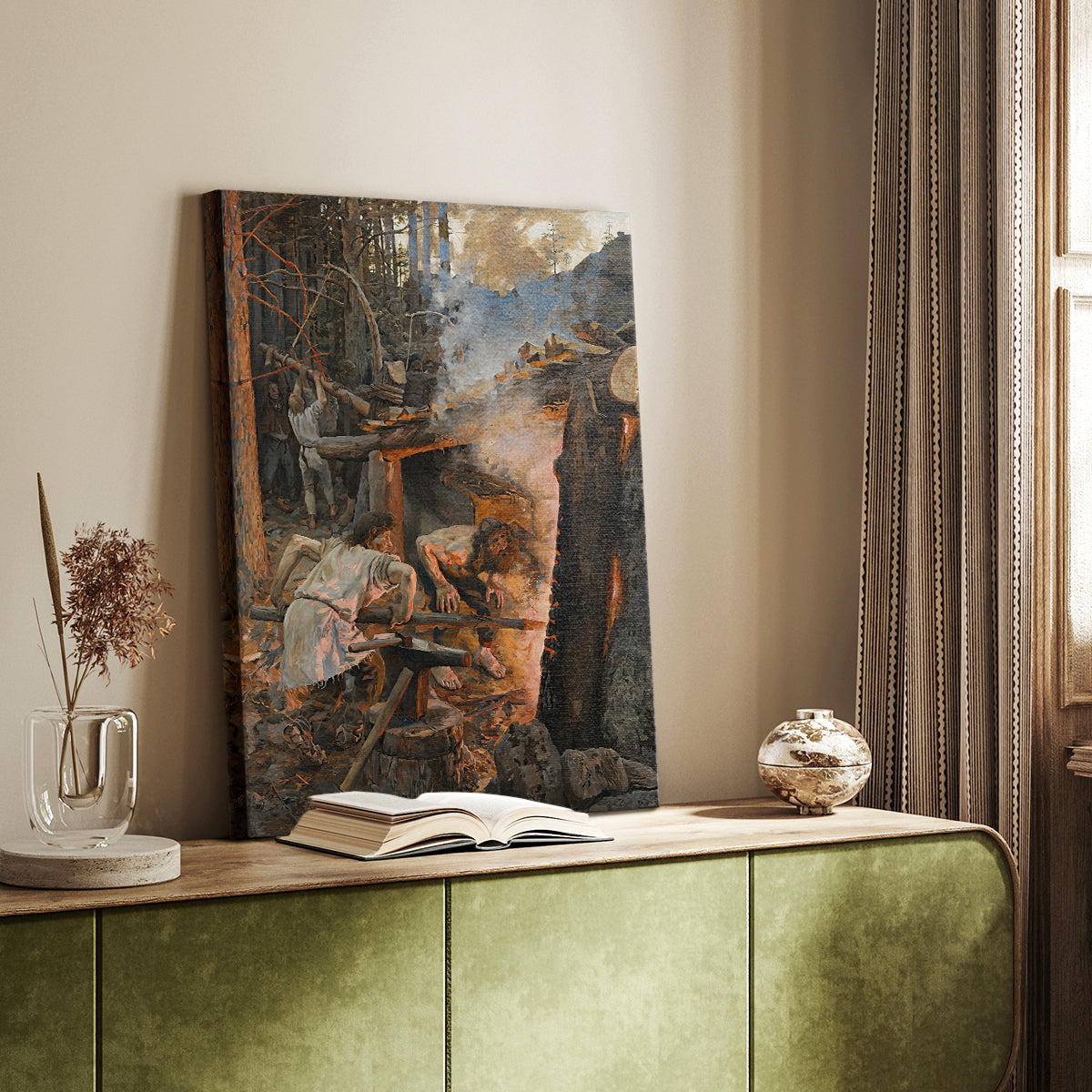 Canvas art print of a dramatic folklore scene with blacksmiths working over a fiery forge styled in a home decor setting.