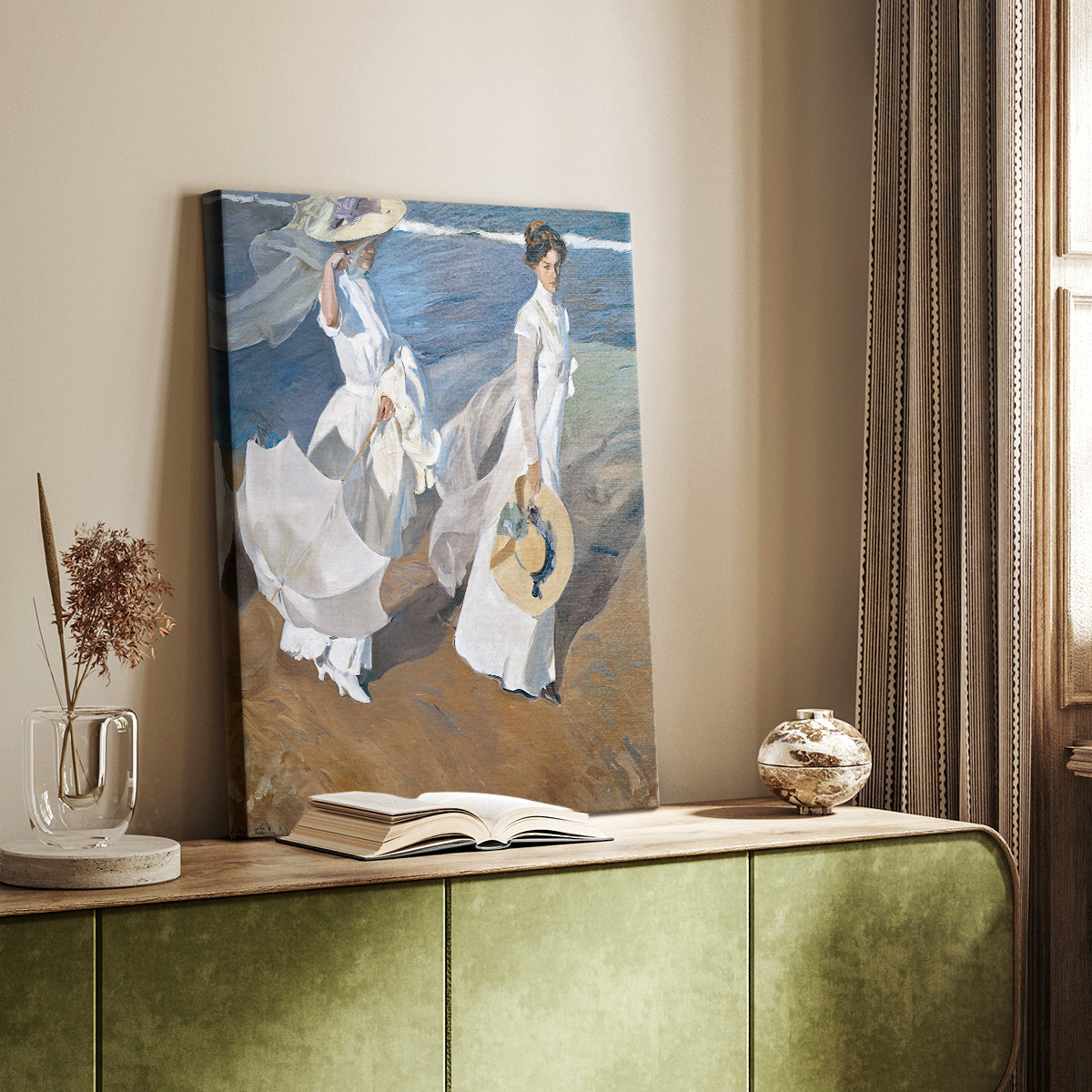 Canvas art print of a coastal composition with flowing garments and ocean breeze styled in a home decor setting.