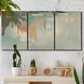 Three-panel canvas wall art featuring minimalist abstract emotional fields, displayed in a boho-chic entryway above a console table.