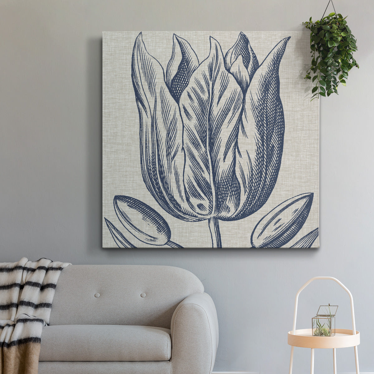 Indigo Floral on Linen VI - Canvas Art Print