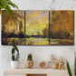 Three-panel canvas wall art featuring quiet river branch landscape, displayed in a boho-chic entryway above a console table.