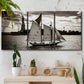 Three-panel canvas wall art featuring historic sailing ships photograph, displayed in a boho-chic entryway above a console table.