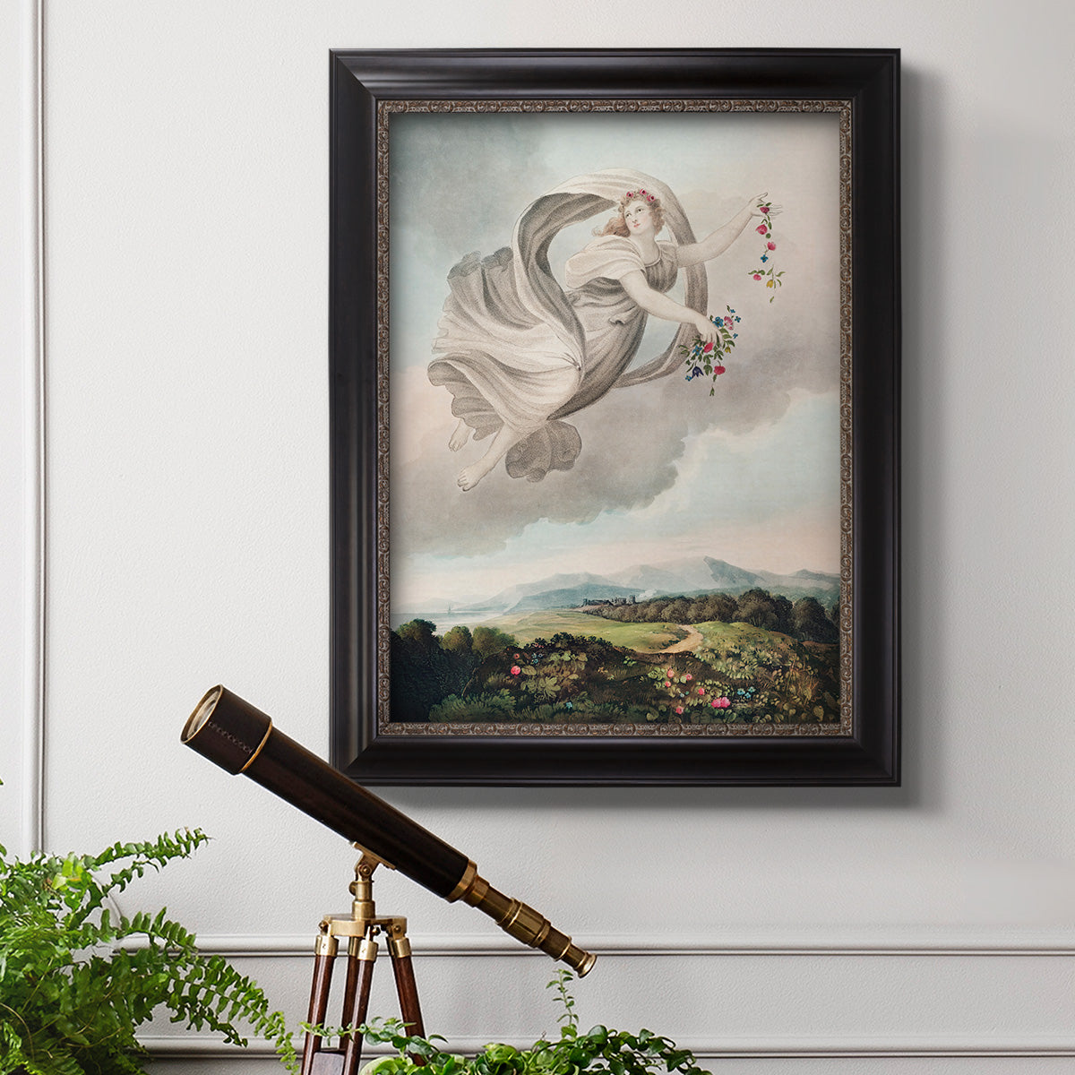 Classical allegorical depiction of the goddess Flora by Robert John Thornton in an ornate black frame with gilded inner detail displayed in a light-toned interior setting.