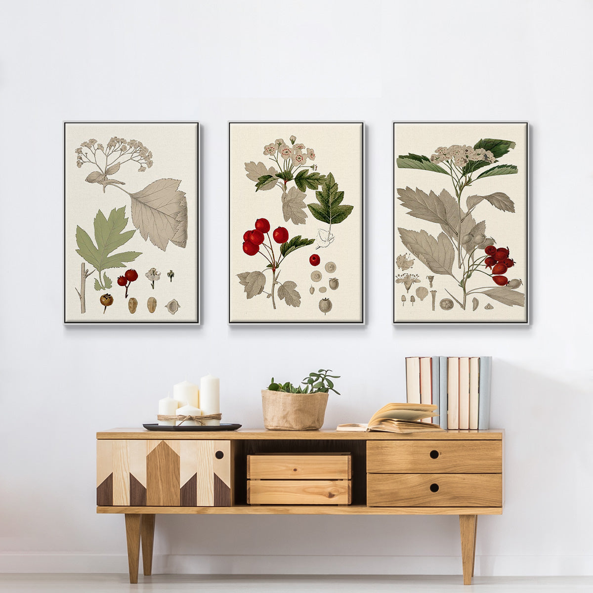 Leaves & Berries I - Framed Premium Gallery Wrapped Canvas L Frame 3 Piece Set - Ready to Hang