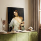 Canvas art print of a graceful figure with flowing garments and gentle expression styled in a home decor setting.