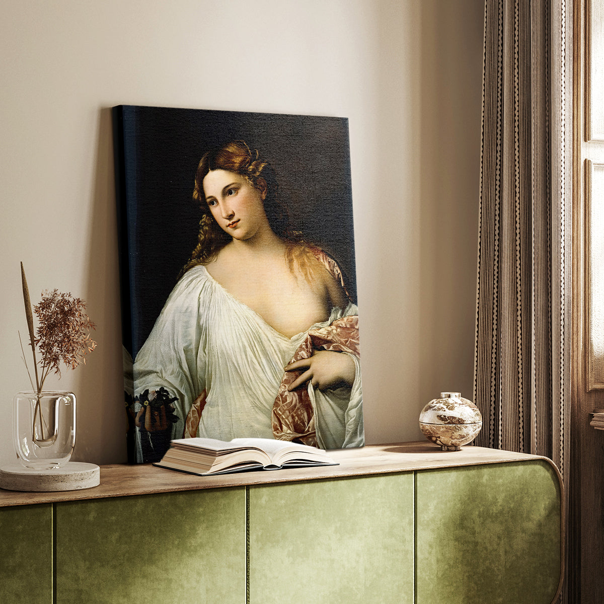 Canvas art print of a graceful figure with flowing garments and gentle expression styled in a home decor setting.