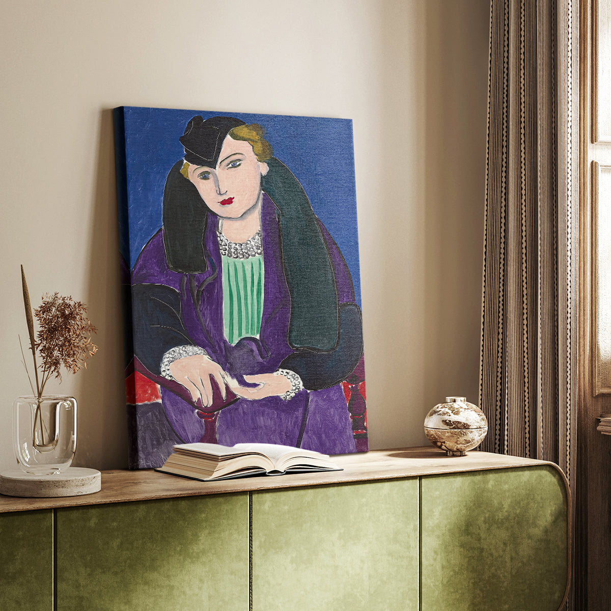 Canvas art print of a stylized figure with bold tones and simplified features styled in a home decor setting.
