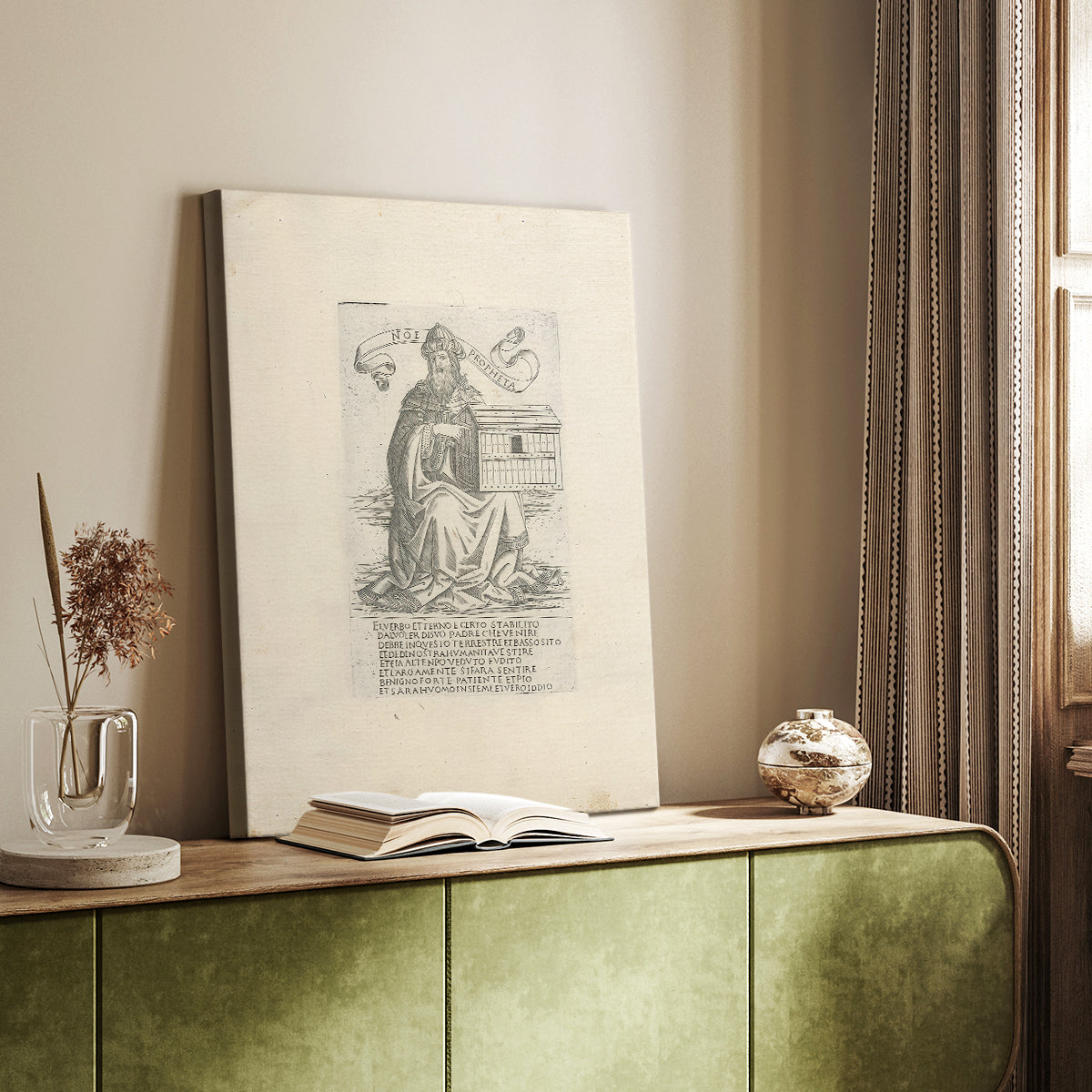 Canvas art print of a classical figure with etched detail and simple background styled in a home decor setting.