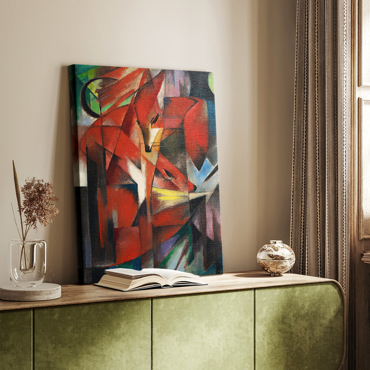 Canvas art print of an abstract animal scene with layered shapes and contrast styled in a home decor setting.