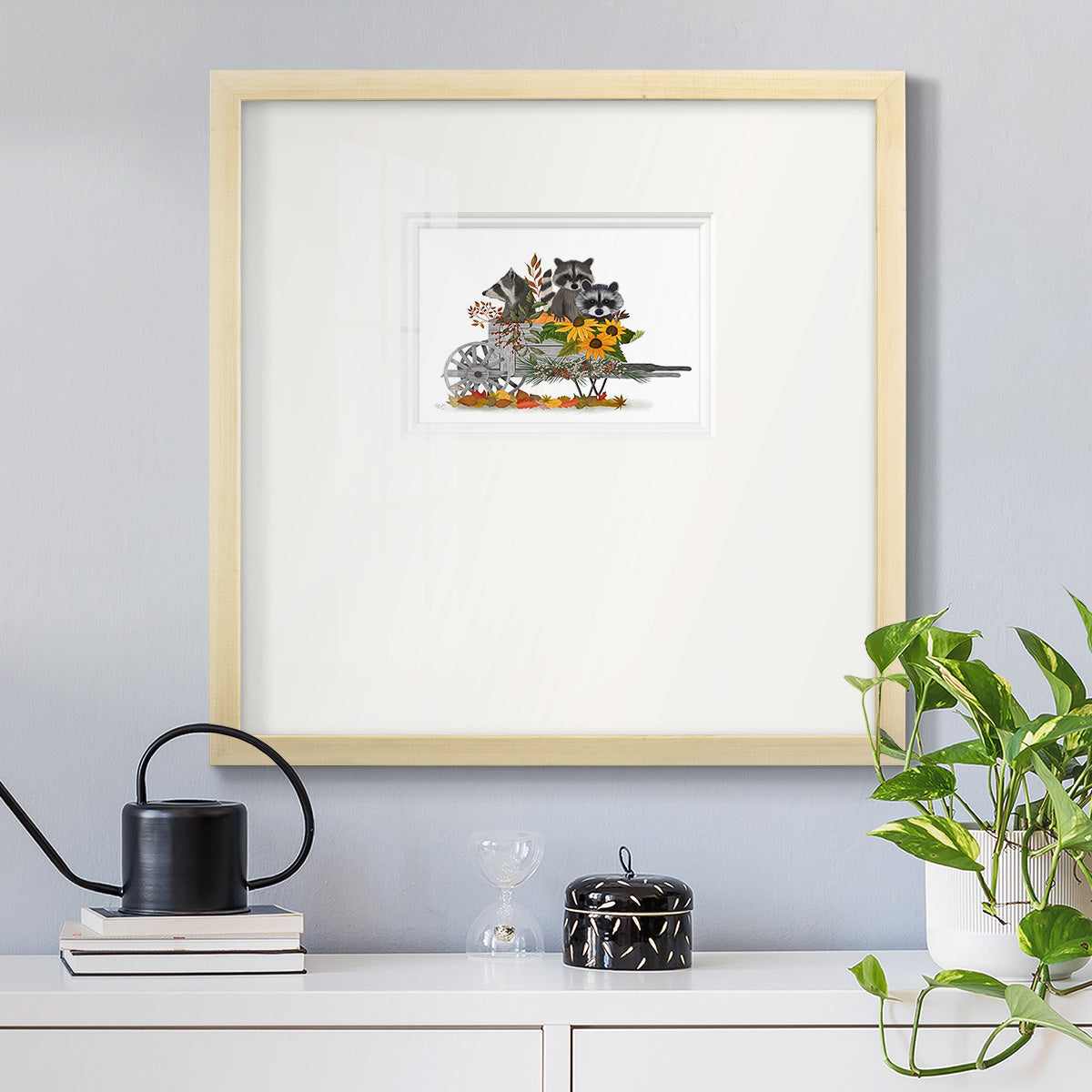 Raccoon Wheelbarrow Premium Framed Print Double Matboard