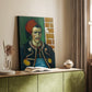 Canvas art print of a vivid figure with strong outlines and vibrant tones styled in a home decor setting.