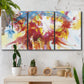 Three-panel canvas wall art featuring bright abstract summer palette, displayed in a boho-chic entryway above a console table.